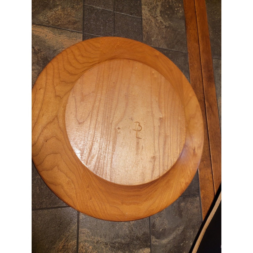 Vtg Hand Turned 14" Carved Birch Wood Platter Snack Plate Apple Carvings Signed - Picture 6 of 11
